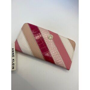 Anne Klein Womens Striped Wallet With Faux Leather Croc & Pebble Textures Pink M